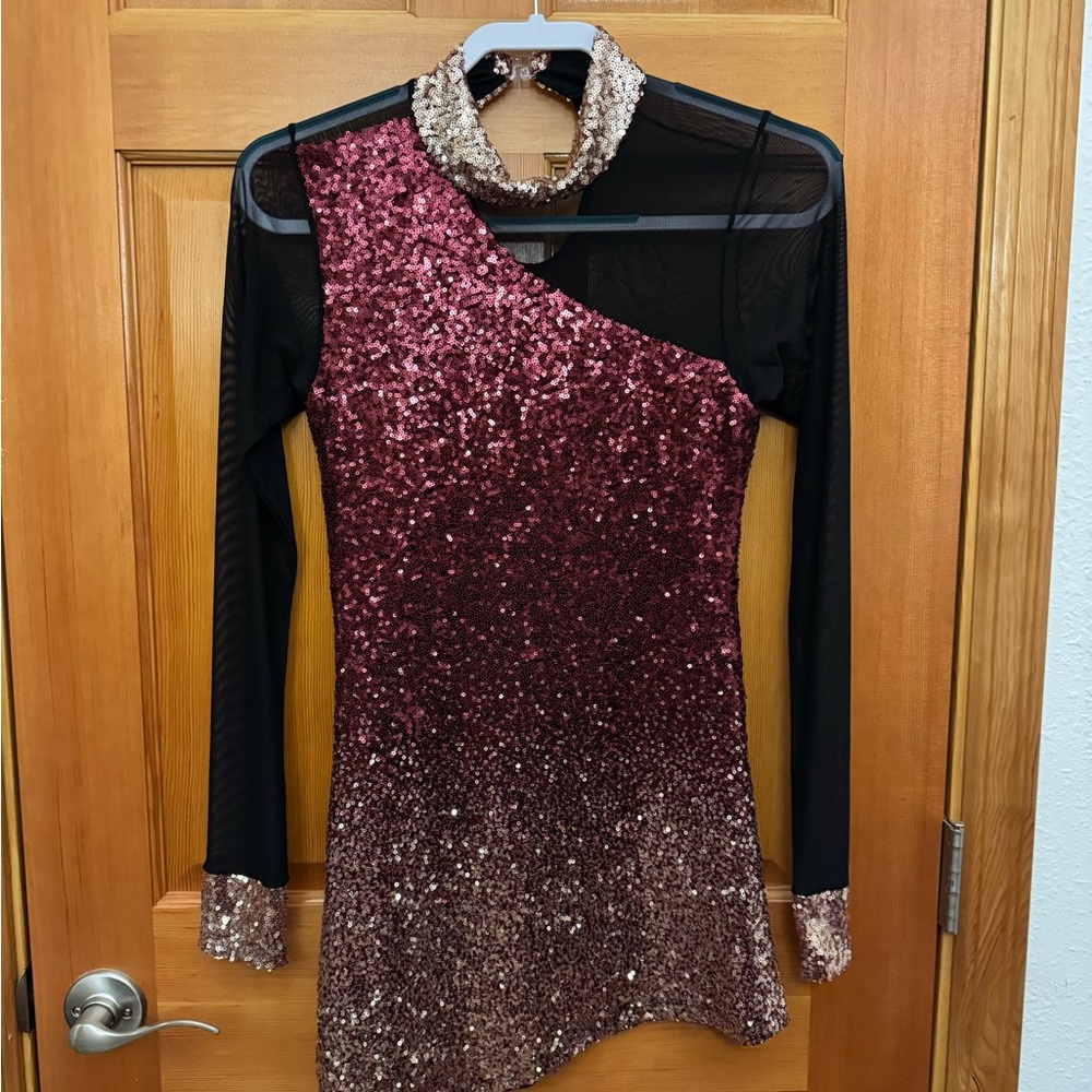 Sequin Asymmetrical Dress with Black Sleeves
